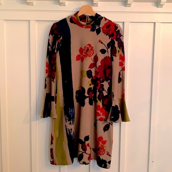 Modern Floral long sleeve Mock neck knit bell sleeve dress tan red  blue M - Picture 1 of 8